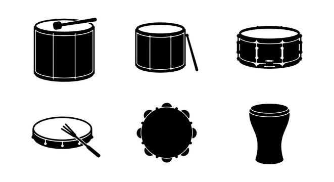 Drum Icons Set: Percussion Instruments, Musical Symbols, Rhythm Elements, Black and White Vector