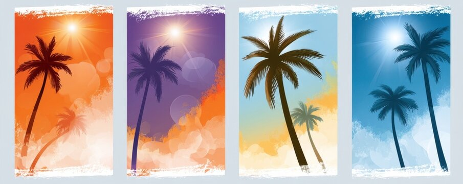 Colorful tropical palm silhouettes summer banners with sunset and sunrise beach backgrounds