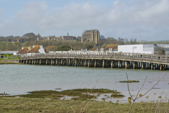 Old wooden bridge over River Adur at Shoreham in West Sussex, England.
