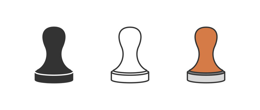 Coffee tamper icon set, espresso pressing tool and barista equipment symbol. Ergonomic rounded handle widens into a flat circular metal base for compressing ground coffee in a portafilter, professiona