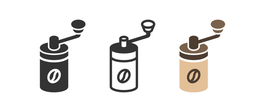 Manual coffee grinder icon set, hand-operated vintage bean grinder and barista equipment symbol. Classic cylindrical body with coffee bean emblem and side crank handle with knob for grinding fresh bea