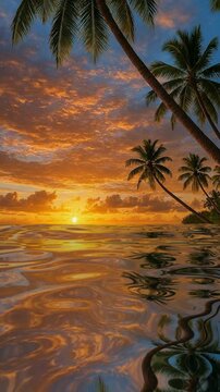 Vibrant orange sunset over tropical sea with palm tree silhouettes reflecting on moving ocean waves vertical composition for summer holiday design