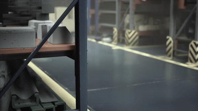 Dull light fills the warehouse as shelves are lined with stacked materials. A clean, polished floor reflects the activity of workers moving efficiently through the space.