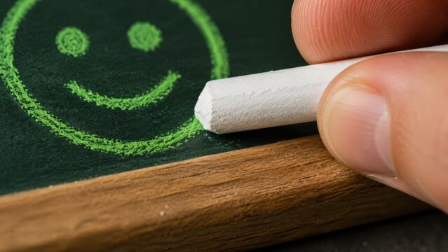 Close up of hand drawing green smiley face with chalk.