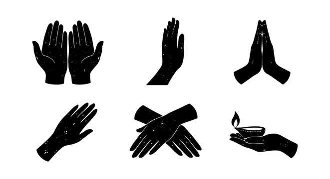 Mystical hand gestures set, celestial prayer hands vector, black magic ritual icons