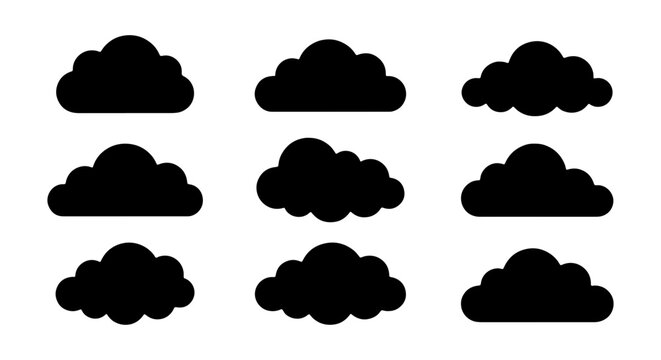 Minimalist black cloud silhouettes, set of 9 weather icons, flat vector cloud shapes