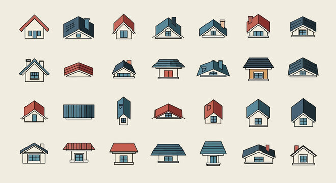 Architectural Roof Types and Attic Window Icon Collection