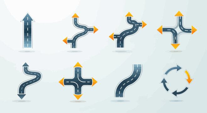 Road navigation arrows and path direction infographic icons