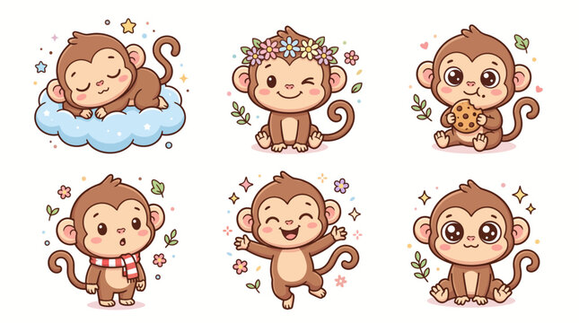 Cute Cartoon Monkey Set, Adorable Baby Chimp Characters in Various Poses