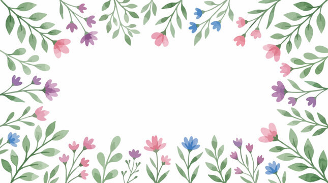 Watercolor floral frame with delicate flowers and leaves, spring background, pastel colors