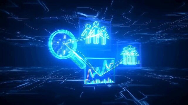 Futuristic digital interface showcasing data analysis and user insights. Represents the importance of data-driven decision-making in modern business