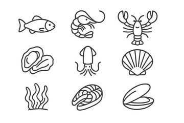 Obraz premium Stylized seafood icons featuring fish, shrimp, lobster, squid, shells, seaweed