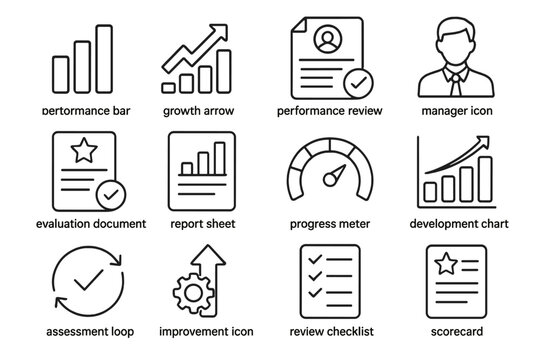 Business performance evaluation icons set on dark background