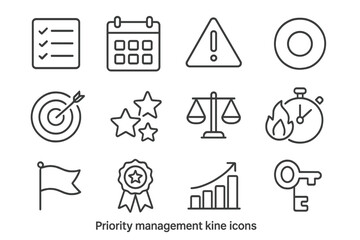 Fototapeta premium Priority management icons set: calendar, checklist, target, stopwatch, key