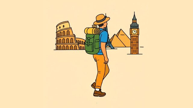 a young male tourist with a large backpack walking and exploring famous historical travel destinations around the world