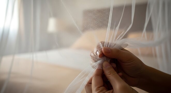 Close up of hands tying mosquito net in bedroom for insect protection at home
