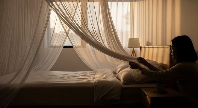Woman arranging white mosquito net over bed in cozy sunlit bedroom at home
