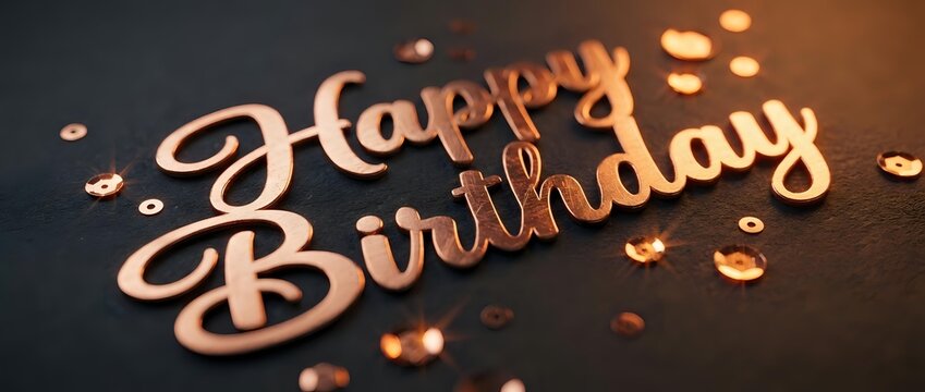 Happy Birthday text in rose gold metallic lettering with shiny sequins on dark background, elegant celebration greeting card design.