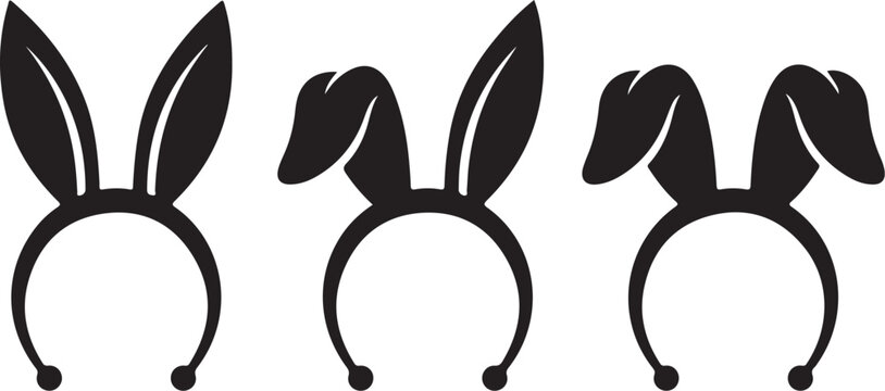 Bunny ear headbands, black rabbit ear silhouettes, flat vector icons, Easter costume accessories, floppy rabbit ears, party headband set, minimalist animal ears, white background, spring holiday graph
