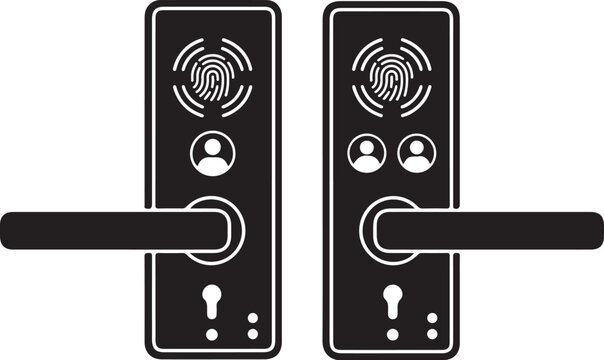 Smart door lock vector icon. Electronic biometric handle for hotel or home security. Modern black minimalist door hardware with fingerprint sensor and user ID identification symbol. Digital access 