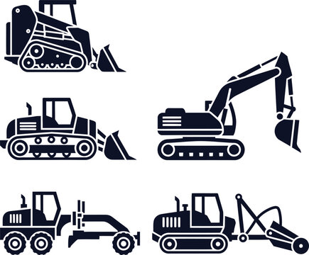 Group of Construction and Earthmoving Machinery Silhouettes Keywords: bulldozer, excavator, grader, skid steer loader, construction