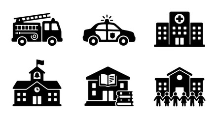 Emergency Services, Public Buildings, and Community Icons: Fire Truck, Police Car, Hospital, School © Hasna