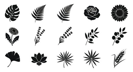 Black leaf and flower silhouettes set © Minal