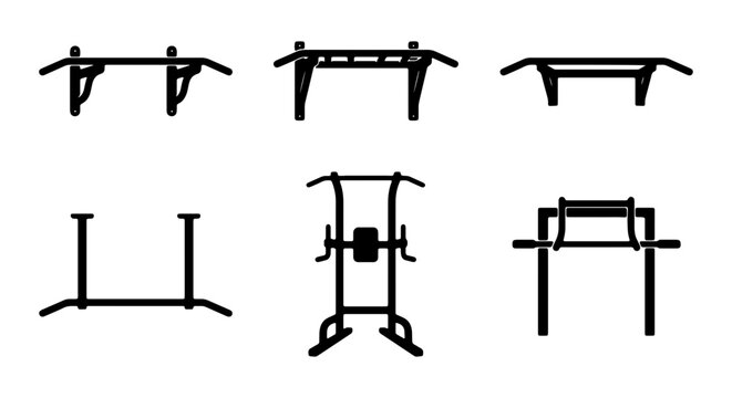 Fitness Equipment Icons: Pull-up Bars, Dip Stations, Weight Machines, Vector Set