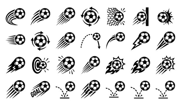 Soccer Ball Motion, Flying Football, and Goal Score Black Silhouette Icon Set Featuring Speed Trails, Spin Rotation, Fire Balls, Goal Nets, and Bouncing Effects for Sports Branding