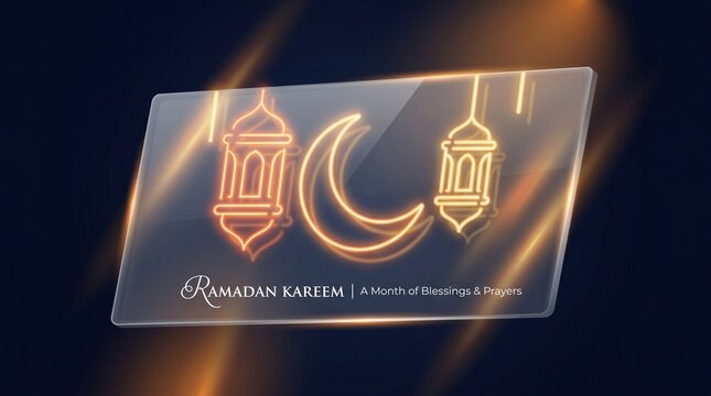 Glowing Ramadan Kareem lanterns with Islamic calligraphy on dark gradient background