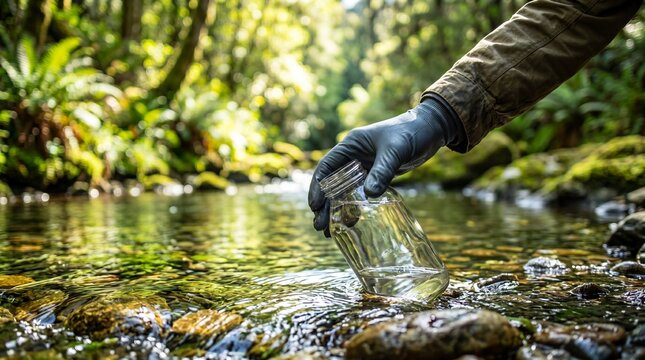 Scientist collecting water sample from forest stream into glass jar. Environmental researcher testing quality of river for pollution. Ecology protection and nature conservation study