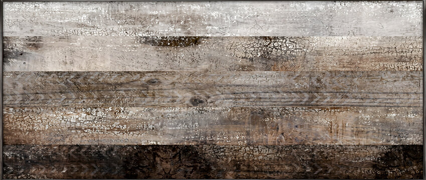 Wood texture background with reclaimed rustic planks and heavily cracked peeling paint on aged timber