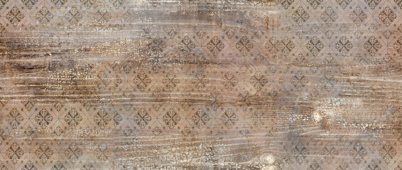 Wood texture background with rustic weathered timber and faded damask floral pattern overlay on aged plank © UmmeFarhatunnesa