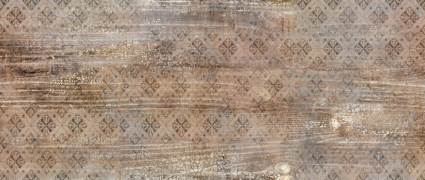Wood texture background with rustic weathered timber and faded damask floral pattern overlay on aged plank