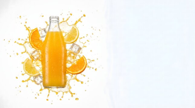 Glass bottle of orange juice with fruit splash explosion