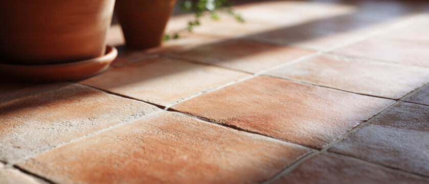 Close-up of terracotta floor tiles with pots