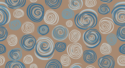 Fototapeta premium Abstract decorative seamless background with hand-drawn blue and white spirals on a warm brown earth-toned surface.