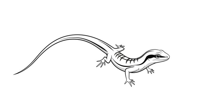 Detailed realistic black and white illustration of a small lizard or skink with a long tail and striped body.