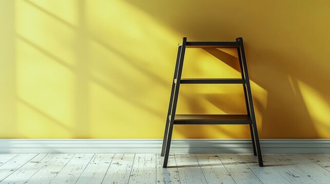 Folded step stool with matte finish stands against pale yellow wall in minimal space