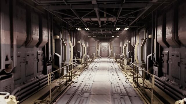 Derelict freighter passage with dim illumination, corroded bulkheads and scattered debris, riveted hull panels, puddles and oil stains on floor, atmospheric