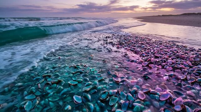 Ocean waves gently washing over vibrant teal and purple seashells on a sandy beach at sunset, showcasing coastal serenity and natural textures.