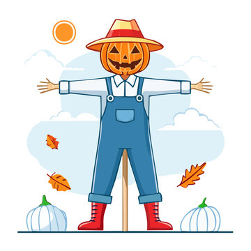 Halloween Scarecrow with Pumpkin Head and Overalls