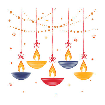 Hanging Diya Lamps with Festive Lights