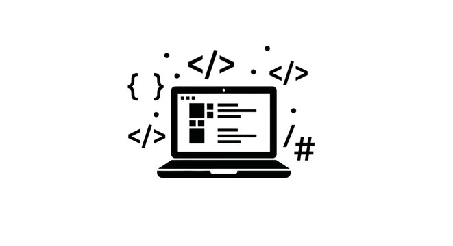 Laptop with coding symbols around it.