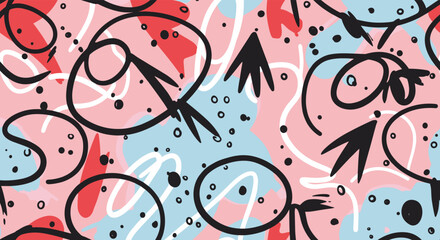 Fototapeta premium Abstract seamless pattern with messy black loops and vibrant red and blue shapes on a light pink artistic background.