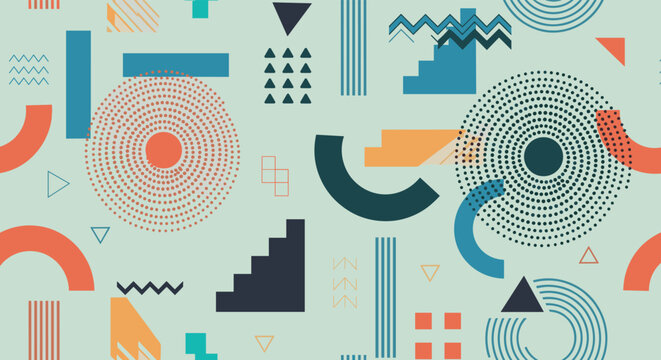 Retro abstract pattern featuring various geometric shapes like circles, triangles, and stairs in blue and orange tones.