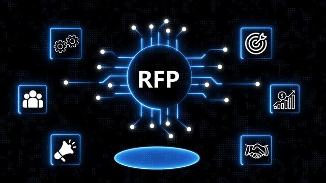 RFP Management Business Network Animation with Connected Icons and Glowing Central Circle in 4K Digital Analytics Network with Business Strategy Icons Motion Background.