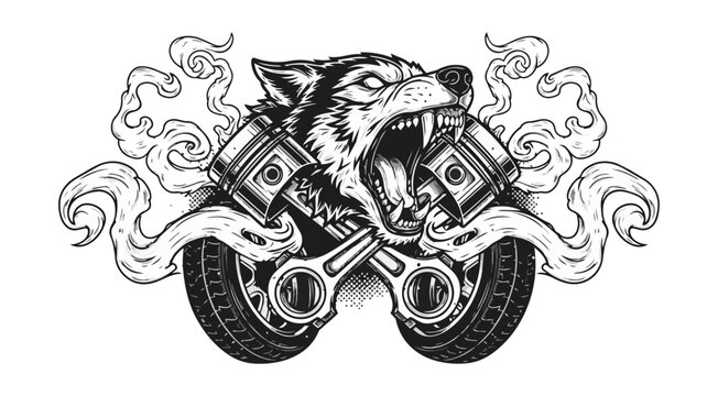 Graphic illustration of wolf head with pistons and wheels