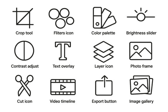 Image editing icons - tools, filters, layers, sliders, palette, scissors