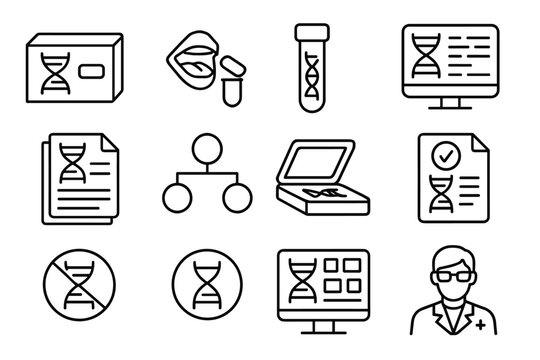Dna testing icons - genetic analysis, molecular research, science symbols